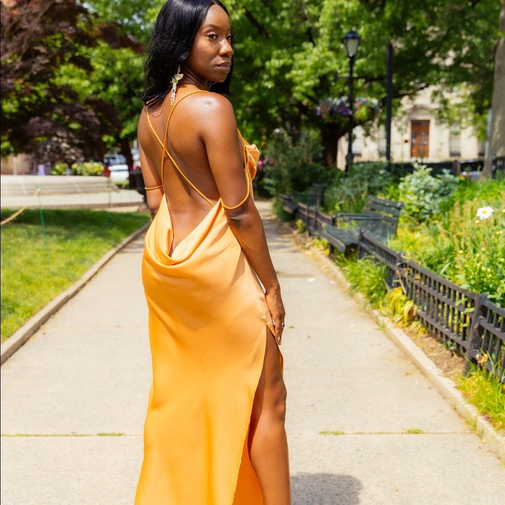Orange low back back slip dress